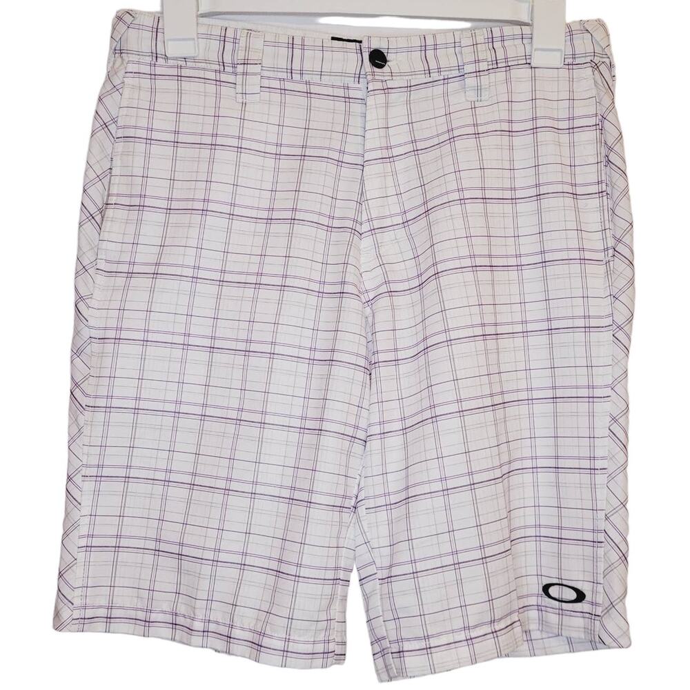 Vintage Oakley white and purple plaid board shorts Size 32 Surfer Retro Beachy